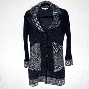 Cleo Black White Wool Mohair Blend Multi Texture/Print Knit Cardigan Sweater M